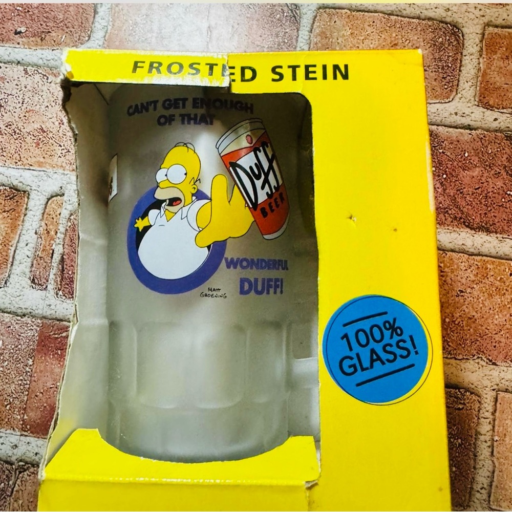 Vintage 1999 Simpsons Large 8” Tall Frosted Glass Duff Beer Mug